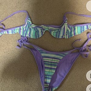 Meisis swimwear purple/blue/green/white stripe bikini. Size medium.